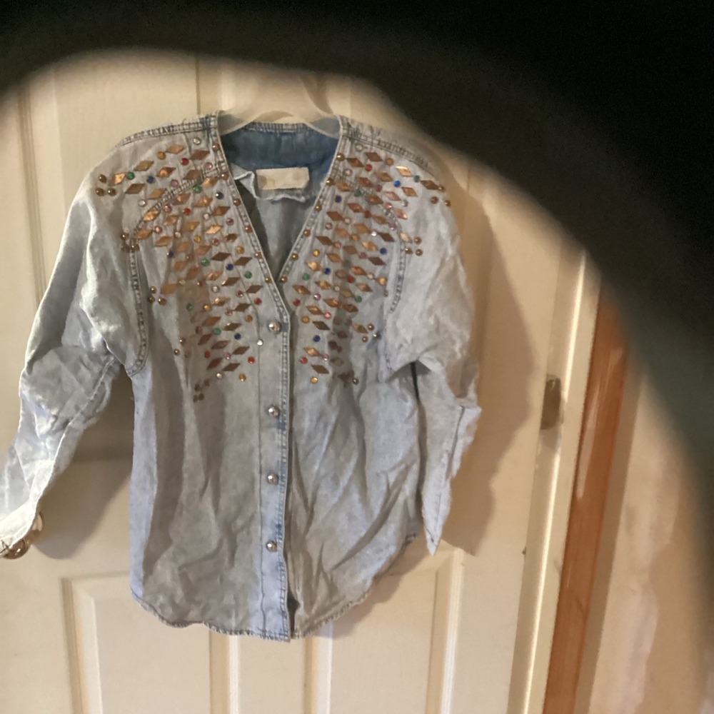 monique fashions Acid Wash Denim Jacket Womens S Blue Rhinestone Studded 80s